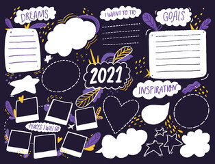 Wish board template with place for goals, dreams list, travel plans and inspiration. Vision collage for teens, nursery poster design. Journal page for planning, new year resolutions in 2021. Vision