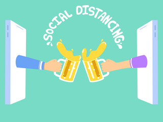 Two hand hold beer glasses pop up from phone, Online party, social distancing concepts, vector illustration