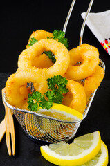 Spanish Cuisine. Tapas. Fried Squid Rings. Calamares a la Romana.