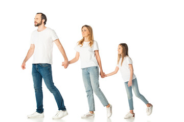 Obraz premium happy casual family holding hands isolated on white