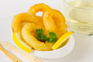 Spanish Cuisine. Tapas. Fried Squid Rings. Calamares a la Romana.