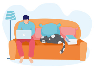 Men working on laptop sitting on sofa, cat   laying on sofa,  work from home concept, study from home concept, vector illustration