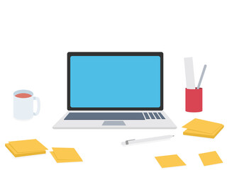Laptop with blue screen, coffee cup, pen, sticky note, on white background , work from home concept, study from home concept, vector illustration
