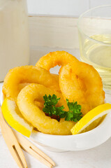 Spanish Cuisine. Tapas. Fried Squid Rings. Calamares a la Romana.