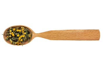 Dried Tanacetum in a wooden spoon on a white background. Phytotherapy and disease prevention. Herbal collection for medicinal tinctures. Herbal tea in folk medicine. The view from the top