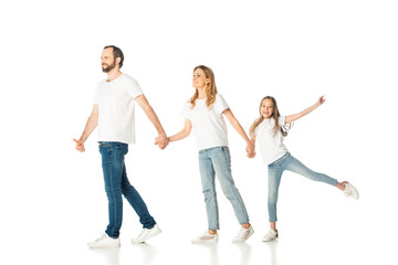 Fototapeta na wymiar happy casual family holding hands isolated on white