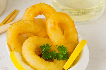 Spanish Cuisine. Tapas. Fried Squid Rings. Calamares a la Romana.