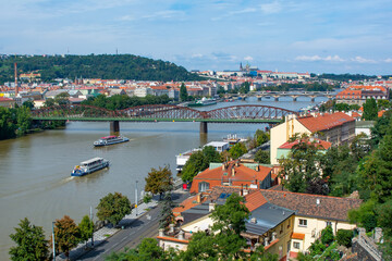 Fototapeta na wymiar A motor boat at the Vlatva river in Prague