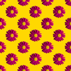 Fashionable summer floral pattern. Bright pink daisies on a yellow background with hard shadows, flat lay, top view, seamless texture. Minimalistic background in style pop art. Fabric and card ideas