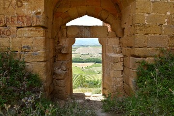 Stone entrance door of the Castillo de Davalillo, in ruins, with a landscape of vineyards in the background.