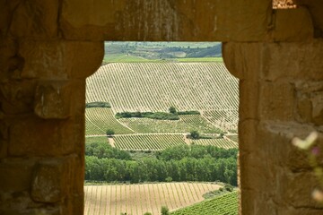 View of vineyards and the Ebro river from the unfocused entrance door of the ruins of the Castillo de Davalillo, a 12th century construction.