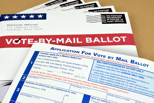Mockup of Vote by Mail Ballot envelopes and application letter to vote by mail for election.	