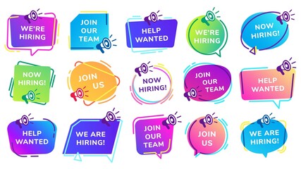 We are hiring banners. Join our team, help wanted inscription set with megaphone. Vacant job position with loudspeaker. Human resources offer for recruitment, work opportunity vector illustration