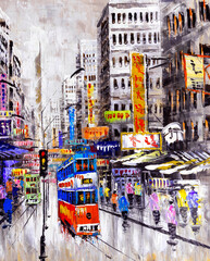 Oil Painting - Street View of Hong Kong