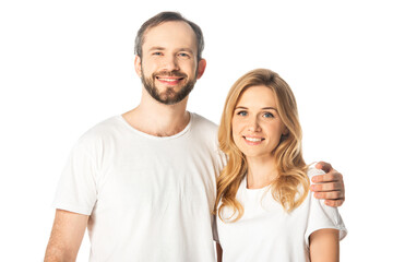 Obraz premium happy adult couple in white t-shirts embracing isolated on white