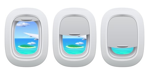 Airplane porthole view. Plane open and closed window inside view for island in ocean. Traveling by aircraft concept, going on vacation. Airplane wing with greenery and water outside