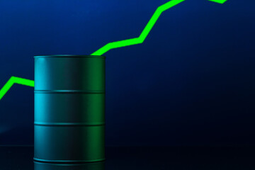 Price of american oil is changing concept. Black barrel with oil and graph