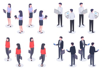 Business people isometric set. Man and woman office worker in elegant formal clothes holding devices as laptop, smartphone and tablet. Female and male employee front and back view vector illustration - obrazy, fototapety, plakaty