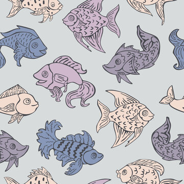 Vector Seamless Pattern Of Fish In Retro Linocut Style. Fancy Abstract Fish Vector Illustration.