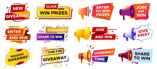 Giveaway banner with megaphone. Loudspeaker announcement of competition. Winning prizes in contest, giving gifts. Share to win post in social media. Marketing and advertising vector illustration