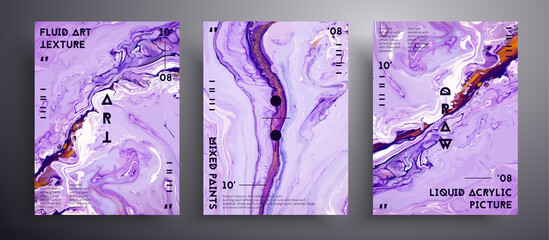 Abstract acrylic placard, fluid art vector texture set. Trendy background that can be used for design cover, poster, brochure and etc. Lavender, white and orange universal trendy painting backdrop