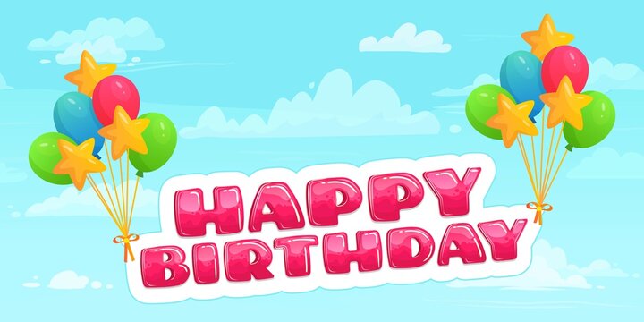 Happy birthday on balloons flying in sky among clouds. Colorful helium balloons for holiday celebration. Decoration for happy event, entertainment, greeting card vector illustration