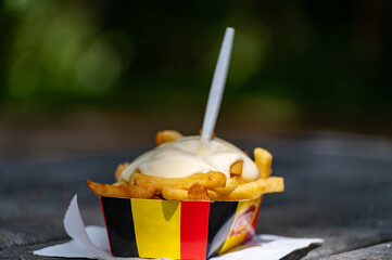 Paper box in colors of Belgian flag with fried potato frit chips and mayonnaise sauсe.