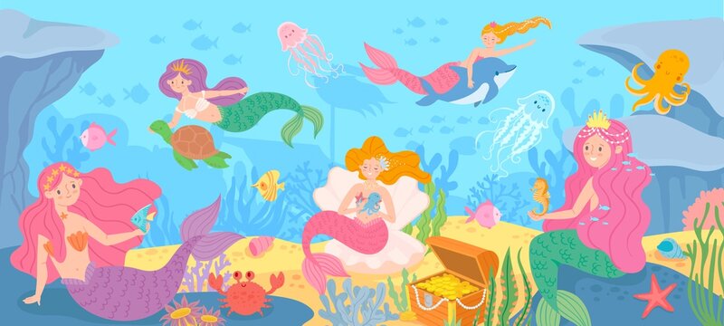 Underwater with mermaids. Seabed with mythical princesses and sea creatures, seaweeds and seashell, octopus, treasure cartoon vector background. Beautiful fantasy fairy tale girls, marine life © Tartila