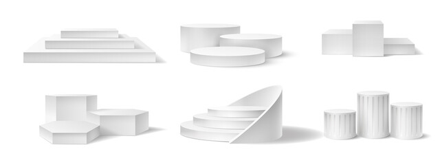 Realistic winner podium. Empty pedestals different shapes for award ceremony sport competition first, second and third place vector set. White 3d platform with stairs for various event