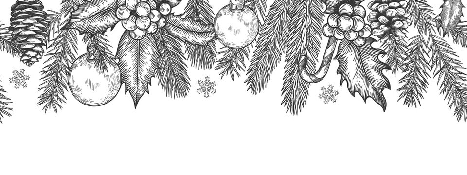 Xmas seamless green border. Horizontal banner with christmas tree branches garland, holly berries and toys, element for festive vector card. Engraved spruce twigs with candy cane and snowflake