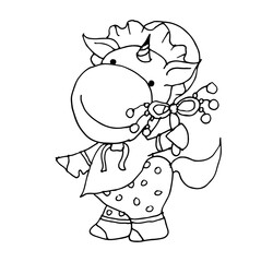 Coloring book for kids - baby unicorn playing with a rattle. Black and white cute cartoon unicorns. Vector illustration. 