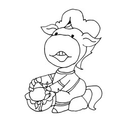 Coloring book for kids - baby unicorn waiting with a basket. Black and white cute cartoon unicorns. Vector illustration. 