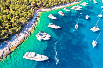 Fototapeta na wymiar Aerial view of Palmizana, yachting cove and turquoise beach on Pakleni Otoci islands