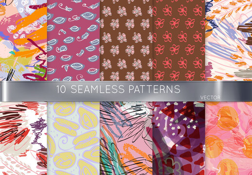 Brown Flowers Hand Drawn Seamless Pattern Collection