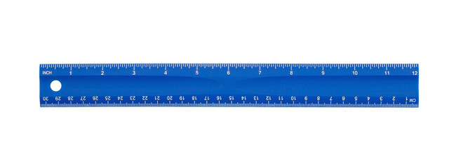 Blue plastic 12-inch ruler isolated on white with clipping path - obrazy, fototapety, plakaty