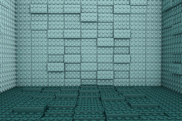 3d rendering of toy bricks on green minimalistic background. Wide background site head and cover photo. Pattern for texture of wallpaper.