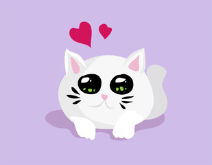 Vector cartoon white cat with big eyes