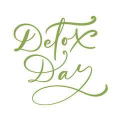 Detox day logo calligraphy lettering text poster in doodle style. Hand drawn green brush stroke for smoothie or detox drink in the bottle. For cafe, social media blog