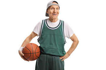 Elderly man in a green jersey holding a basketball