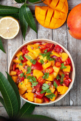Fresh salad with mango, red pepper, tomatoes and cilantro. 