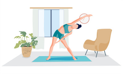 Girl practices yoga at home vector illustration. Makes exercises strengthen the legs, arms and muscles of the back. Female enjoying physical activity and healthy lifestyle. 