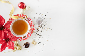 Christmas morning. Christmas Tea Flatlay on White Table. Christmas Flatlay with Copy Space. Xmas...
