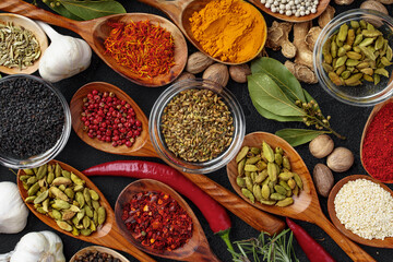 Background of variety of different vivid spices in wooden spoons