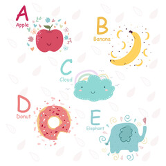 Cute alphabet with funny characters in vector, learn to read A, B, C, D, E letters. Isolated stickers for children's books