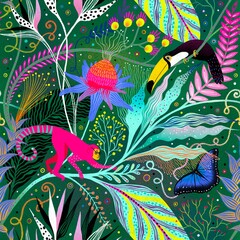 Modèle tropical sans couture avec les fleurs colorées, le singe, le toucan d& 39 oiseau et le papillon
