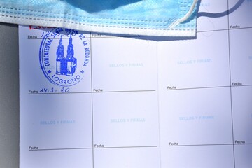 Piece of mask and sheet to seal the stages of the Camino de Santiago, last seal of the Co-cathedral...
