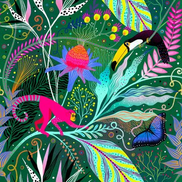 Seamless Tropical Pattern With Colorful Flowers, Monkey, Bird Toucan And Butterfly