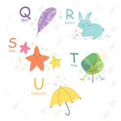 English alphabet with cute and funny characters in vector, learn to read Q, R, S, T, U letters. Isolated stickers for children's books