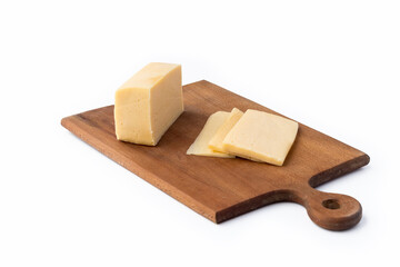 on a white background. No isolation. A small piece of cheese is cut into wedges. And a kitchen knife Close-up.