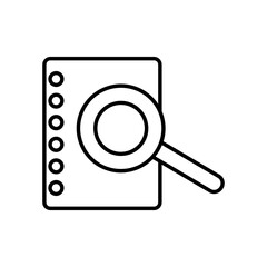 magnifying glass and notebook page icon, line style